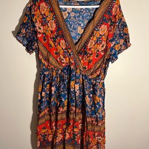 Boho Floral Print Surplice Neck Dress
